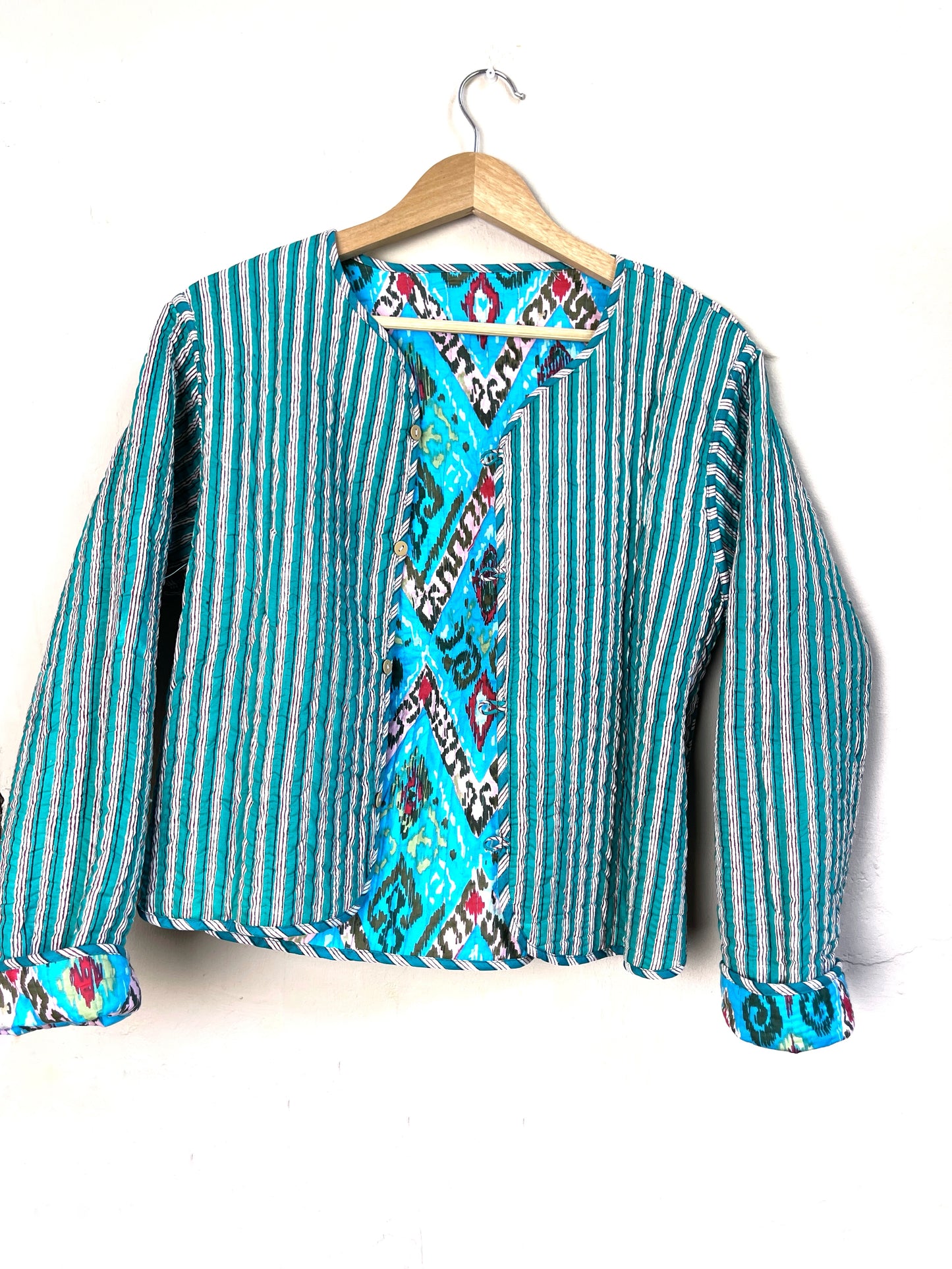 reversible jacket | turquoise ikat + stripes