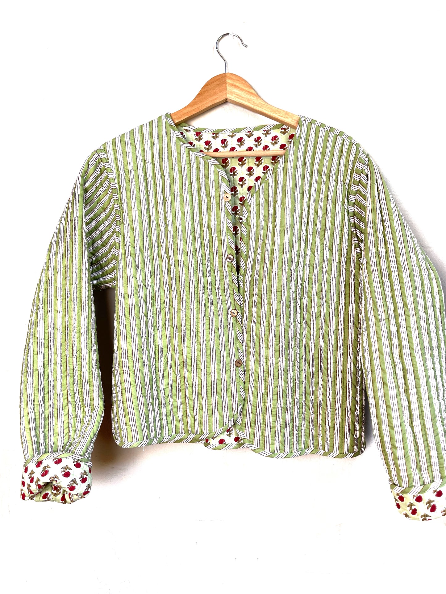 reversible jacket | green flowers + stripes