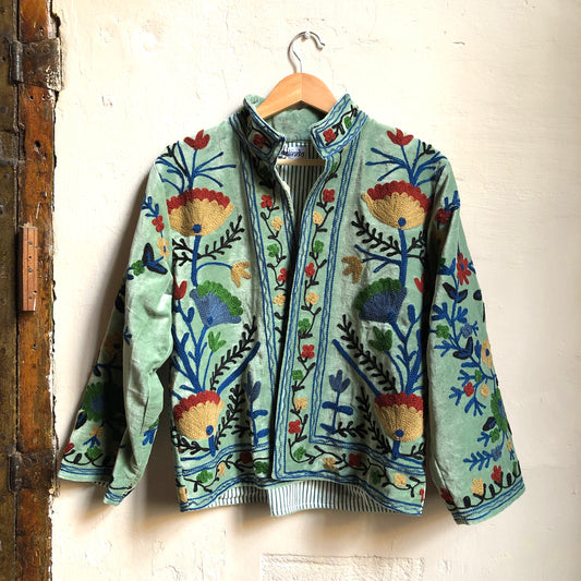 Velvet Embroidered Jacket | Moss Green with Blue & Beige Flowers