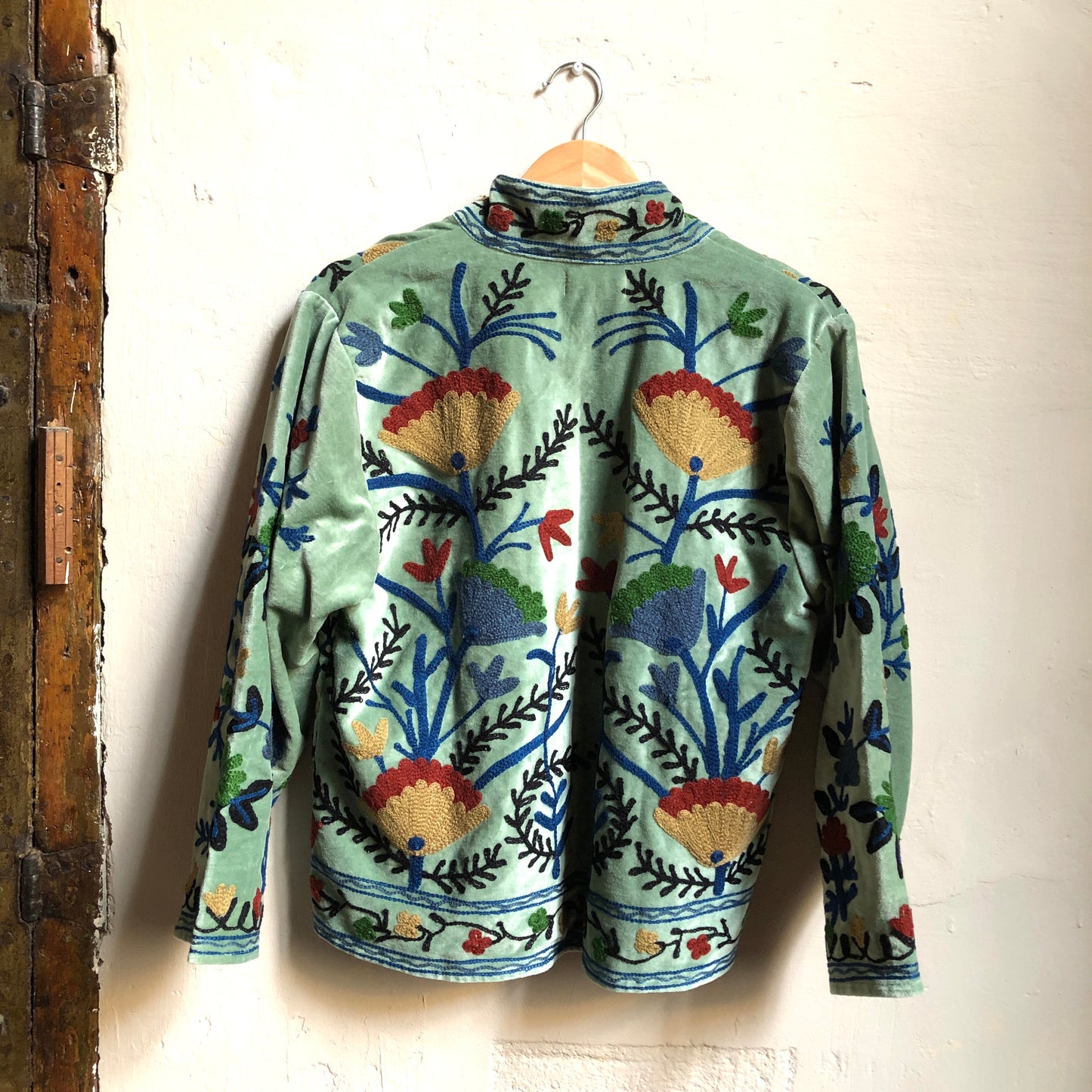 Velvet Embroidered Jacket | Moss Green with Blue & Beige Flowers