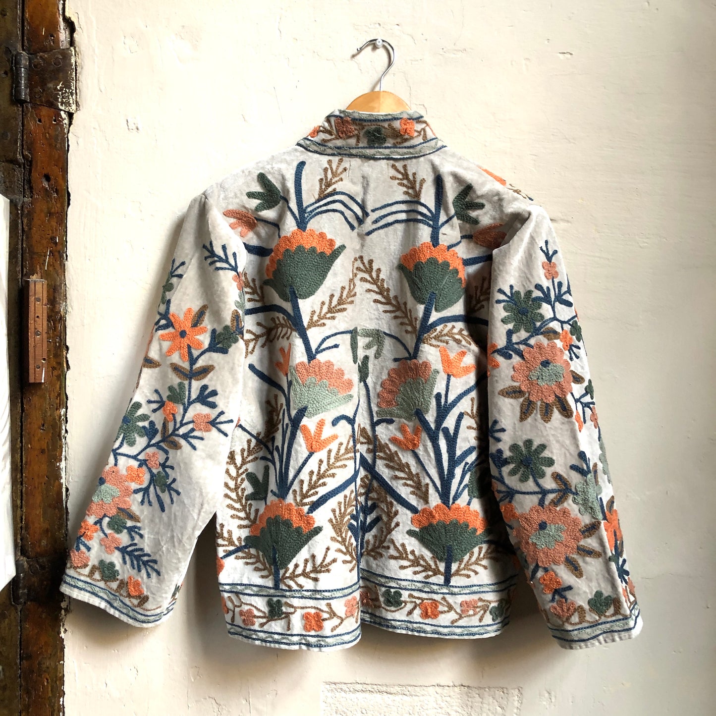 Velvet Embroidered Jacket | Cream Grey with Peach & Olive Green Flowers