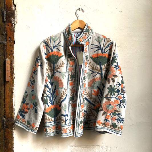 Velvet Embroidered Jacket | Cream Grey with Peach & Olive Green Flowers