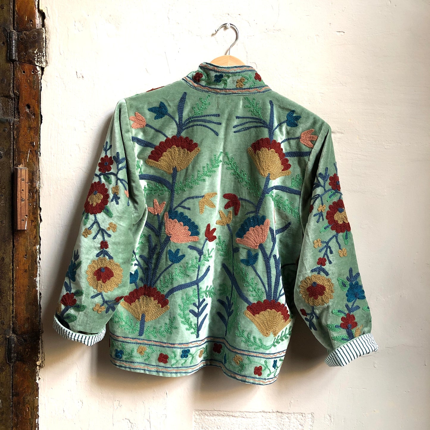 Velvet Embroidered Jacket | Moss Green with Peach & Beige Flowers