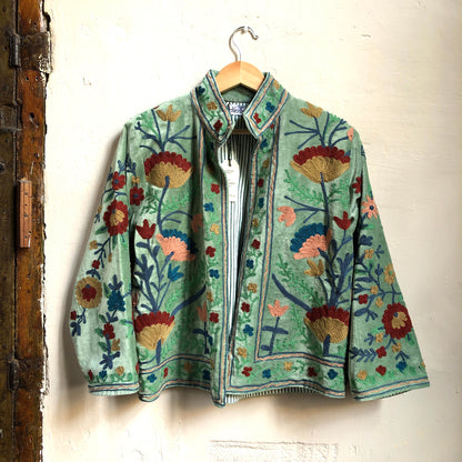 Velvet Embroidered Jacket | Moss Green with Peach & Beige Flowers