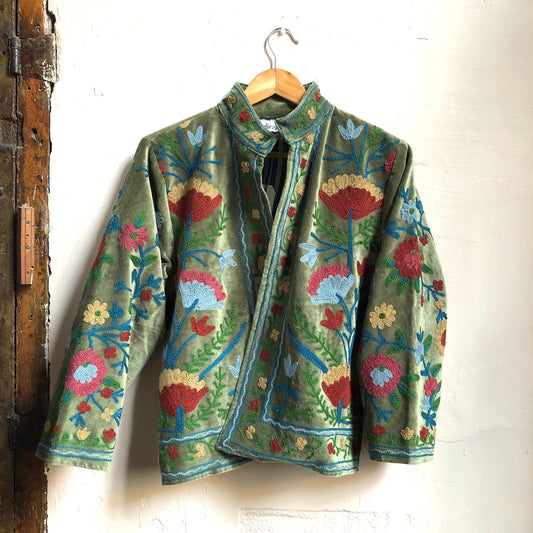 Velvet Embroidered Jacket | Dark Green with Red & Light Blue Flowers