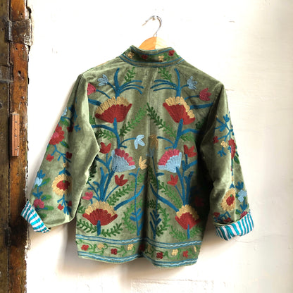 Velvet Embroidered Jacket | Dark Green with Red & Light Blue Flowers