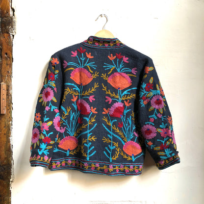 Cotton Embroidered Jacket | Dark Blue Mid-Length Sleeve