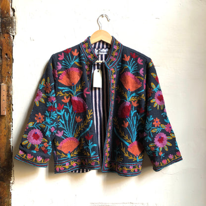 Cotton Embroidered Jacket | Dark Blue Mid-Length Sleeve