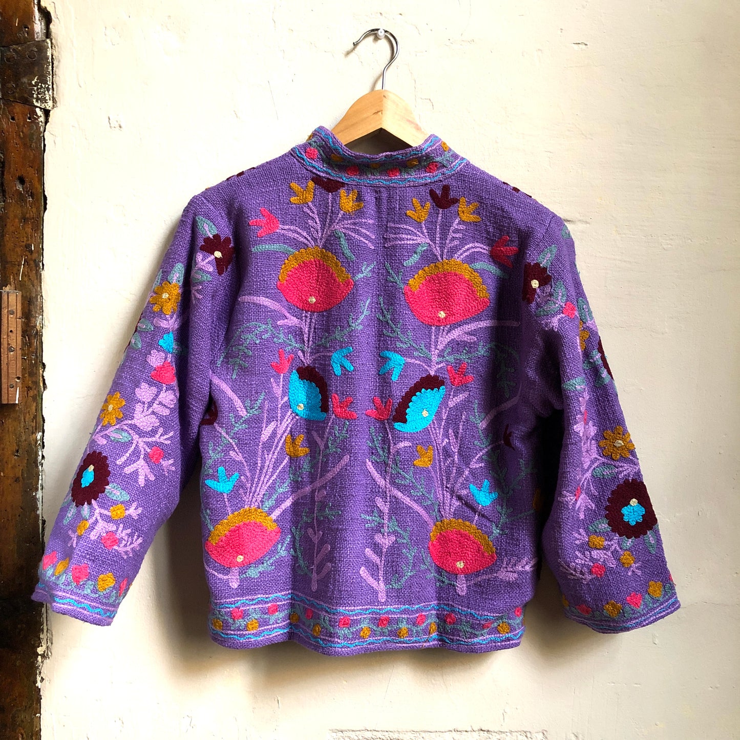 Cotton Embroidered Jacket | Purple Cropped Mid-Length Sleeve