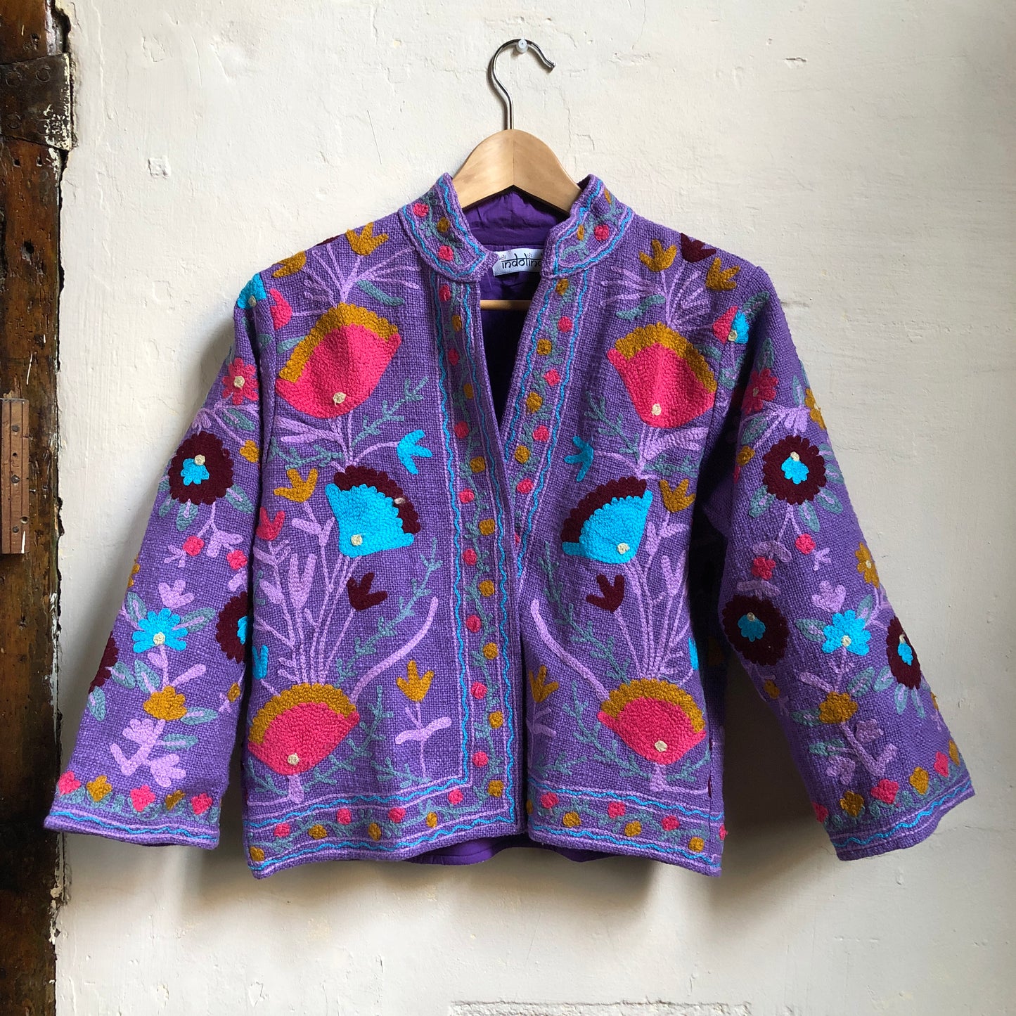 Cotton Embroidered Jacket | Purple Cropped Mid-Length Sleeve