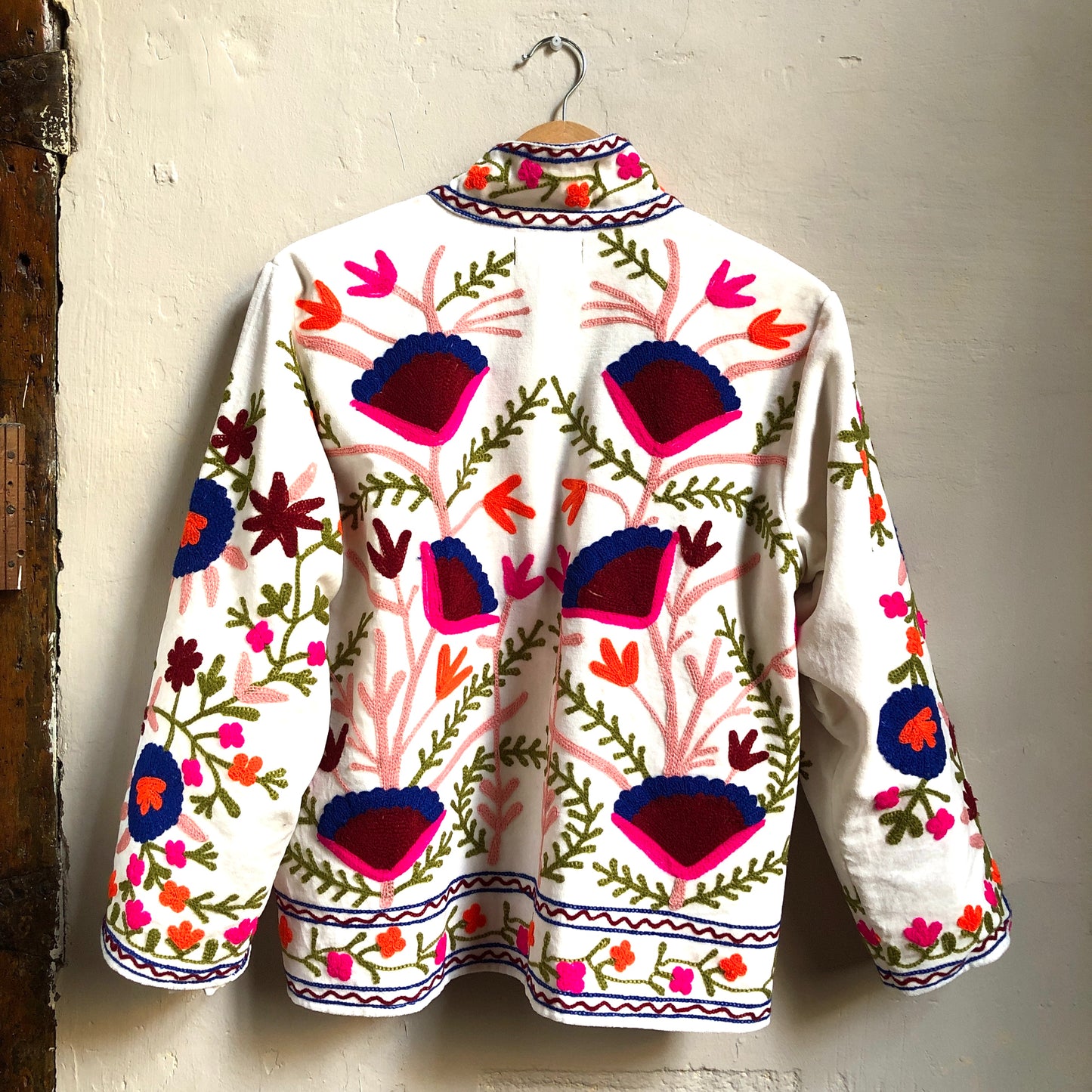 Velvet Embroidered Jacket | White with Red & Pink Flowers