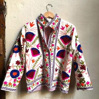 Velvet Embroidered Jacket | White with Red & Pink Flowers