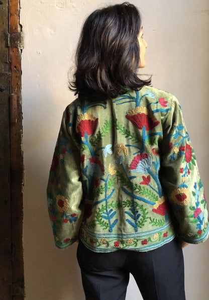 Velvet Embroidered Jacket | Dark Green with Red & Light Blue Flowers