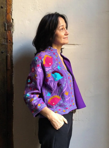 Cotton Embroidered Jacket | Purple Cropped Mid-Length Sleeve