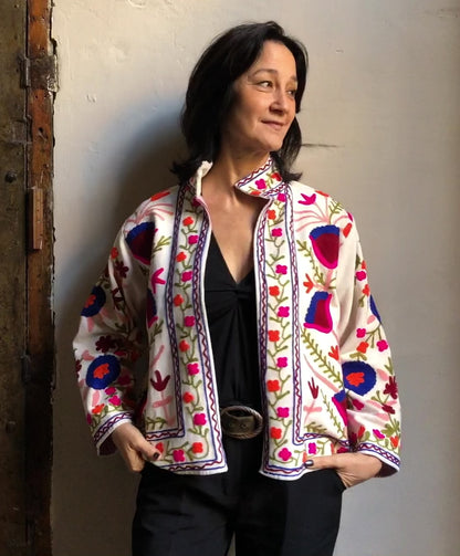 Velvet Embroidered Jacket | White with Red & Pink Flowers