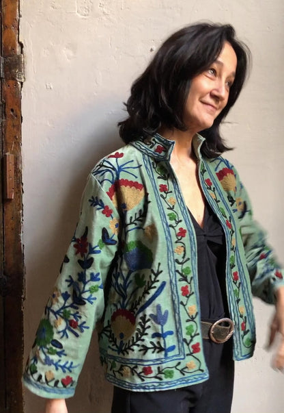 Velvet Embroidered Jacket | Moss Green with Blue & Beige Flowers